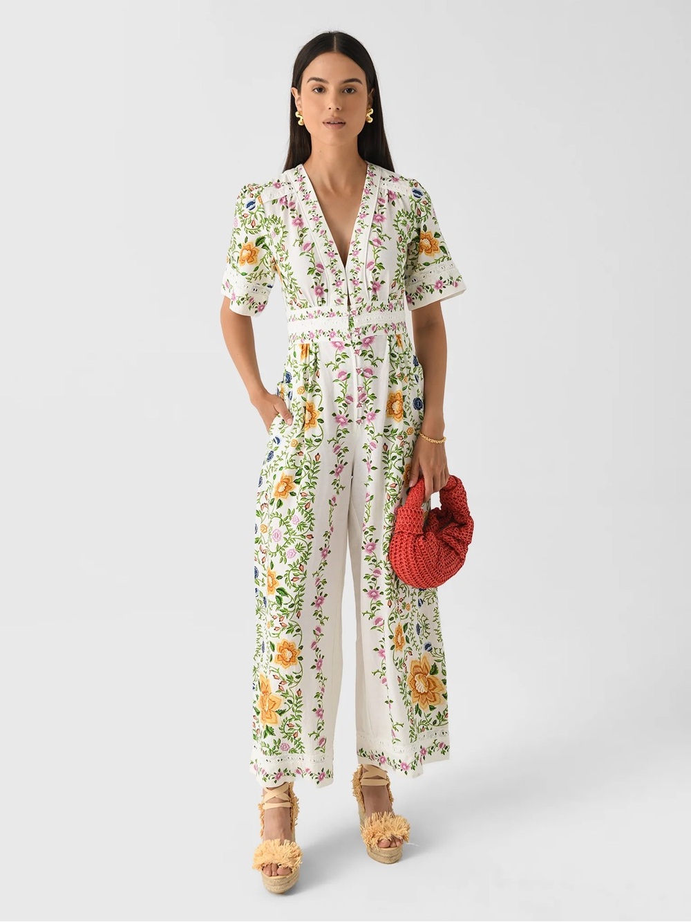 FARM RIO FOLK FLORAL LINEN BLEND JUMPSUIT Size M EUC - Picture 2 of 7